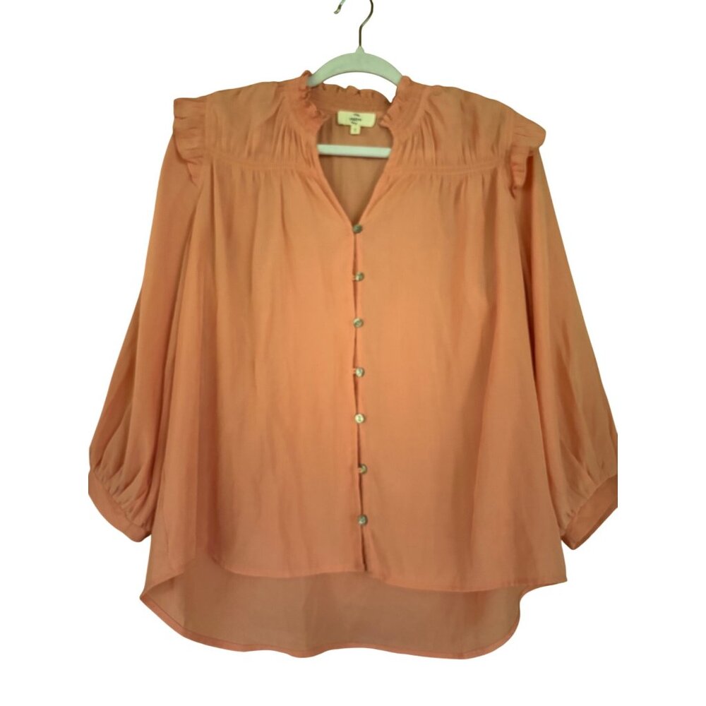 Anthropologie Peach Button-Up Blouse With Ruffle Trim & 3/4 Sleeves Lightweight